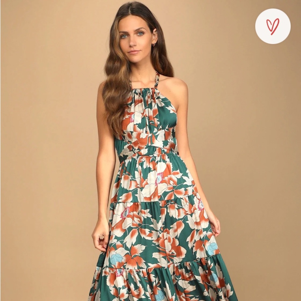 Heat Wave Babe Green Floral Print Tie-Back Tiered Maxi Dress